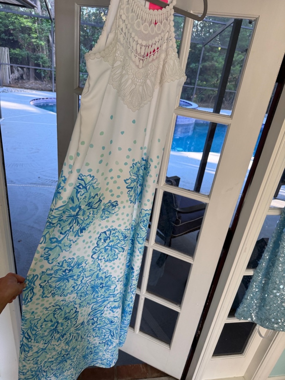 Lilly Pulitzer White and Blue Crochet Halter Floral Maxi Dress - Picture 8 of 9